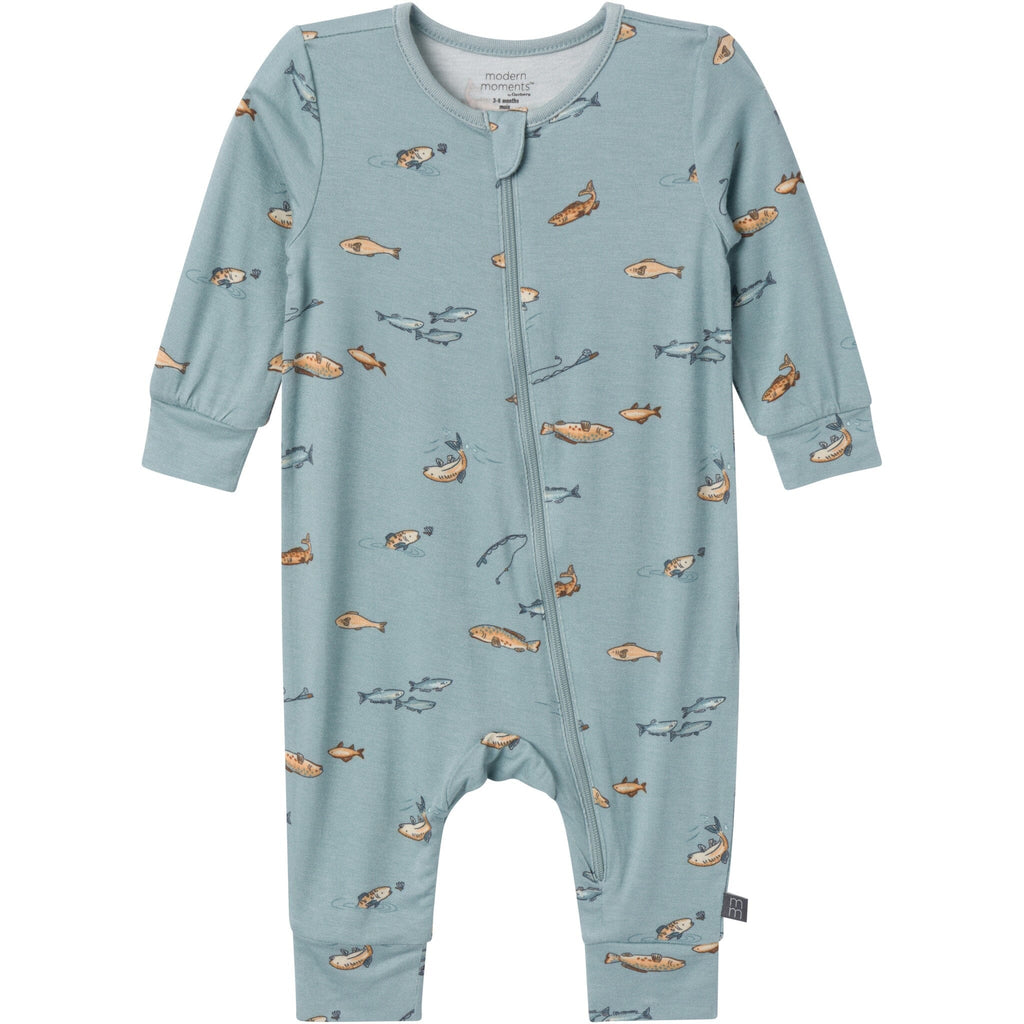 2-Pack Baby Boys Teal Fishing Zip Front Viscose Rompers