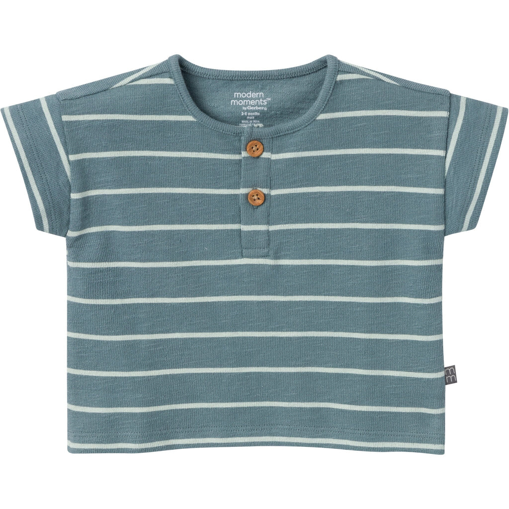 2-Piece Baby Boys Teal Stripe Henley Shirt and Shorts Set