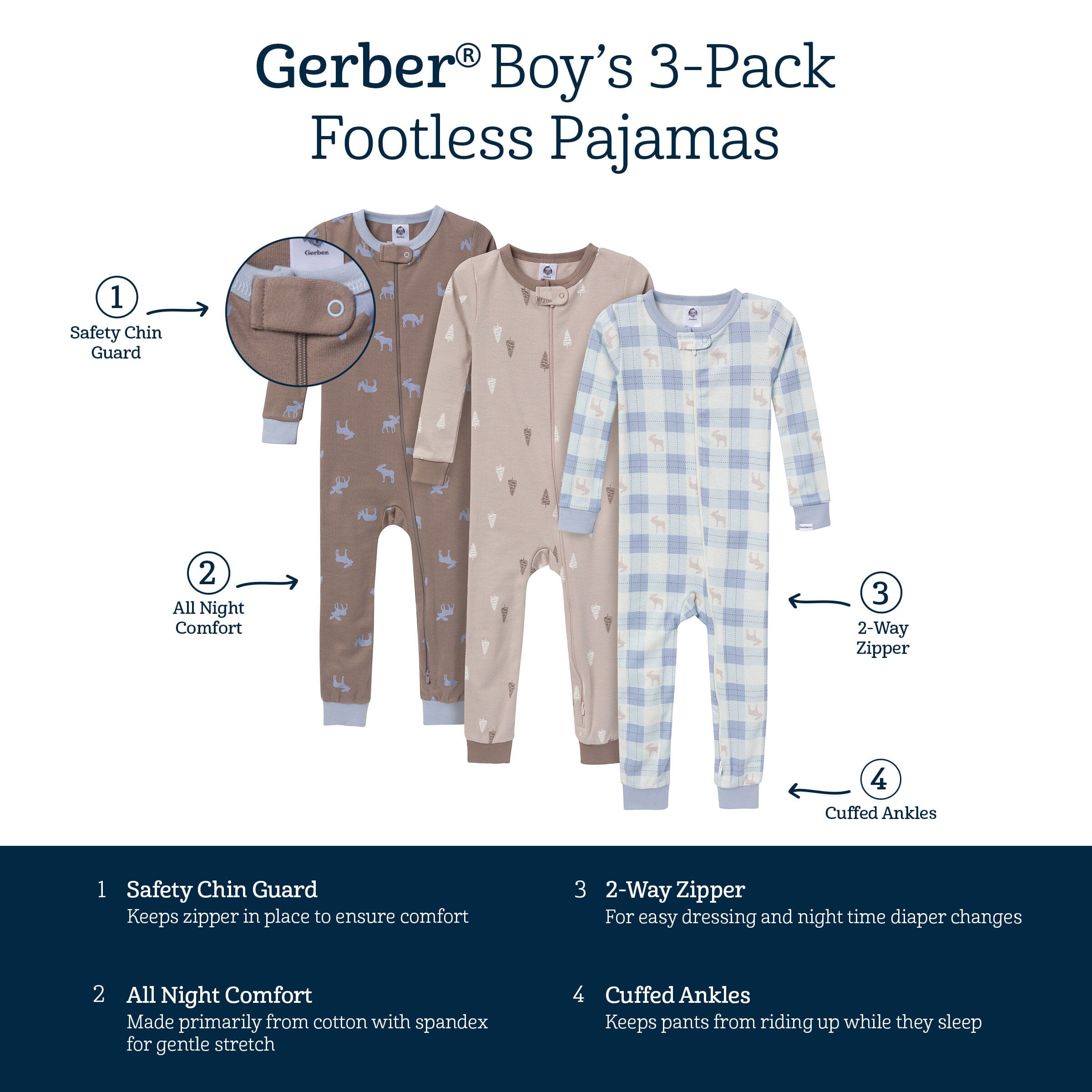 3-Pack Baby & Toddler Neutral Moose & Trees Snug Fit Footless Pajamas