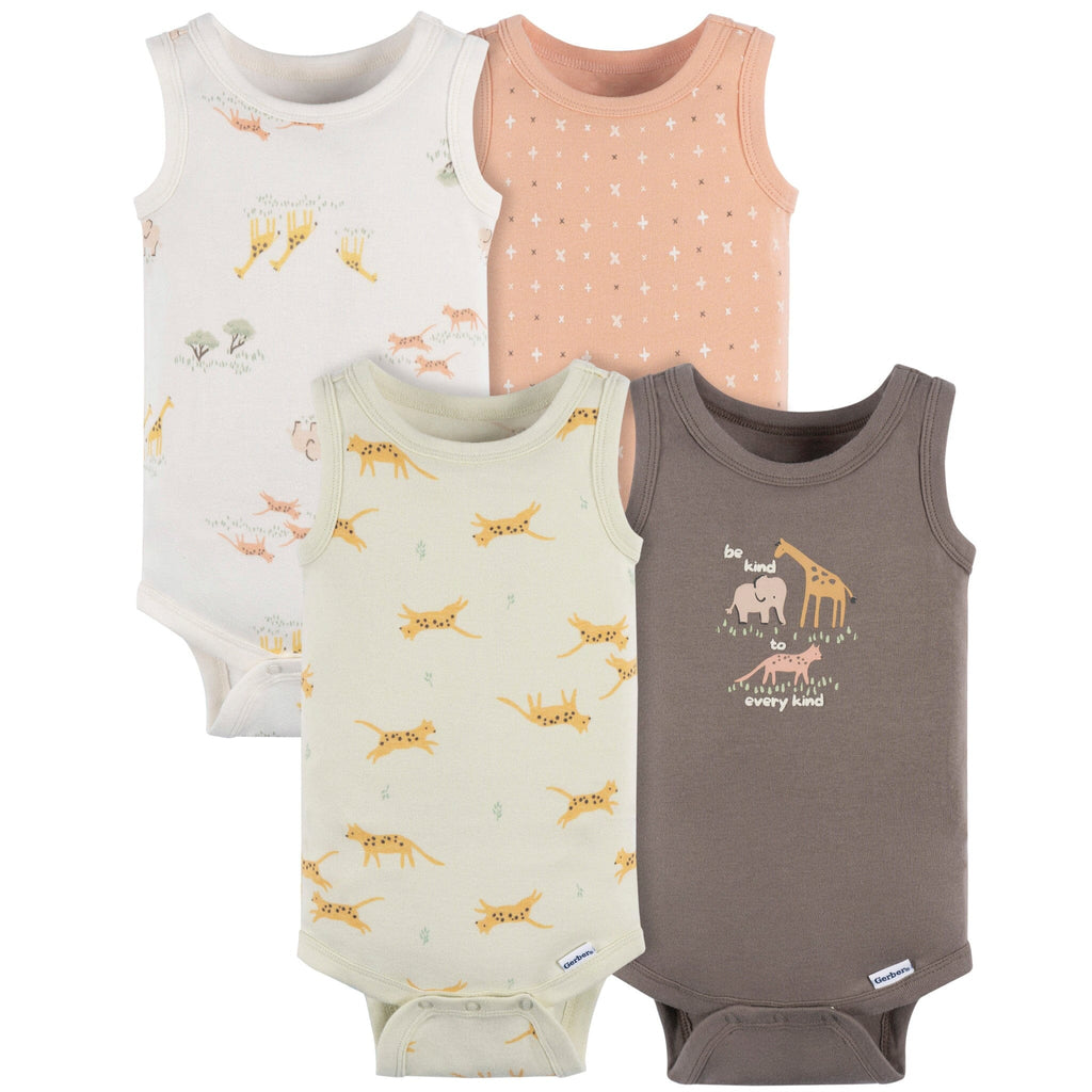 4-Pack Baby Neutral Ivory Safari Sleeveless Onesies® Bodysuits