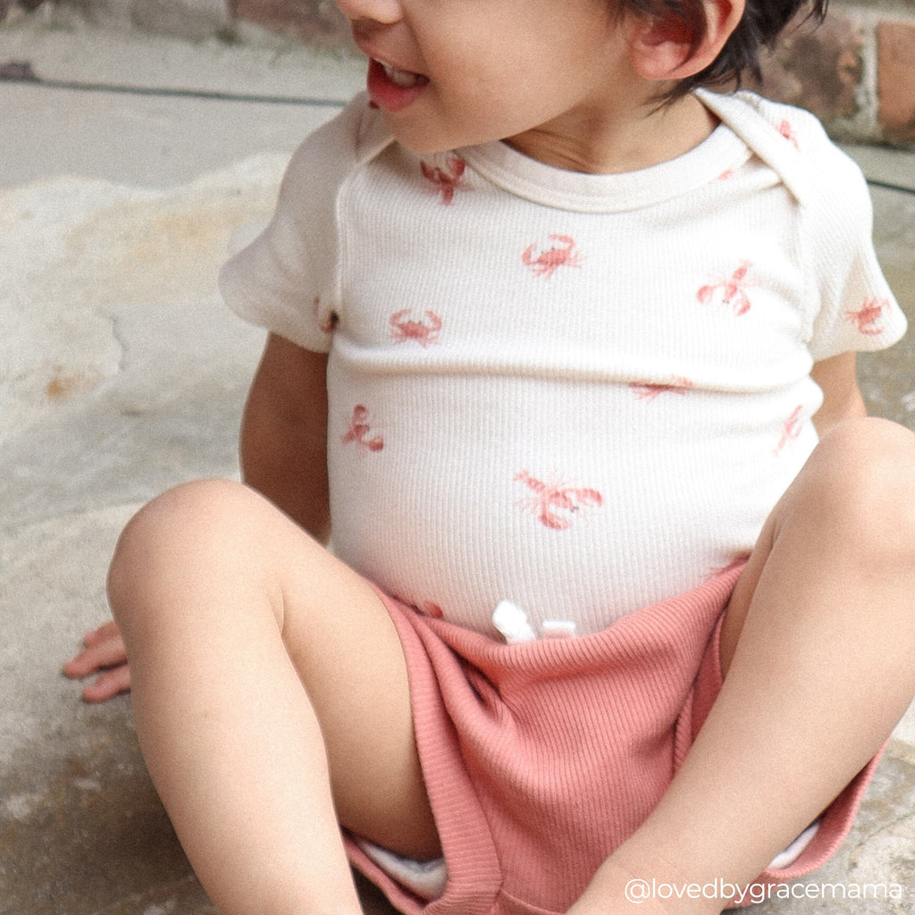 4-Piece Baby Neutral Beige Lobster Short Sleeve Bodysuits and Shorts Set