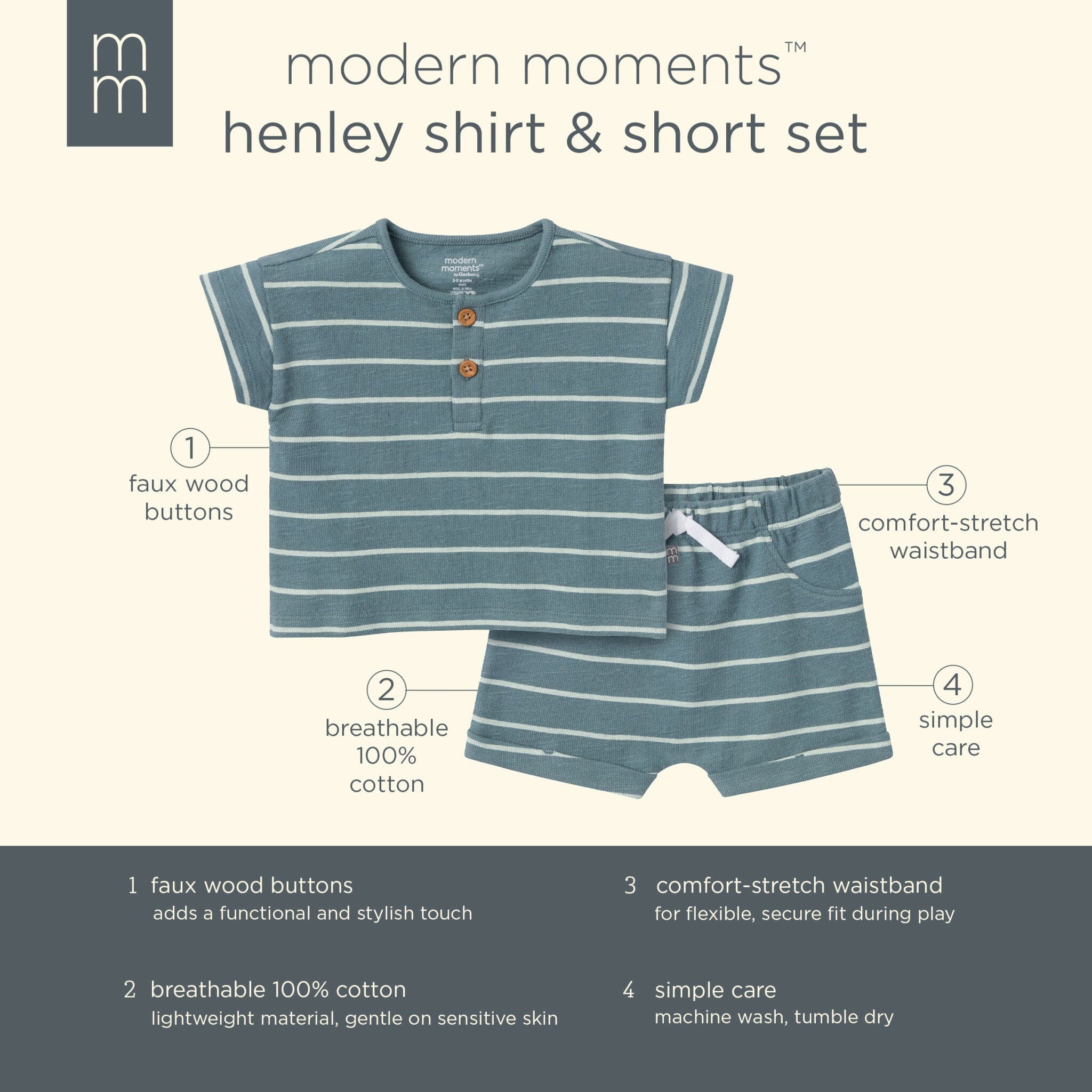 2-Piece Baby Boys Teal Stripe Henley Shirt and Shorts Set