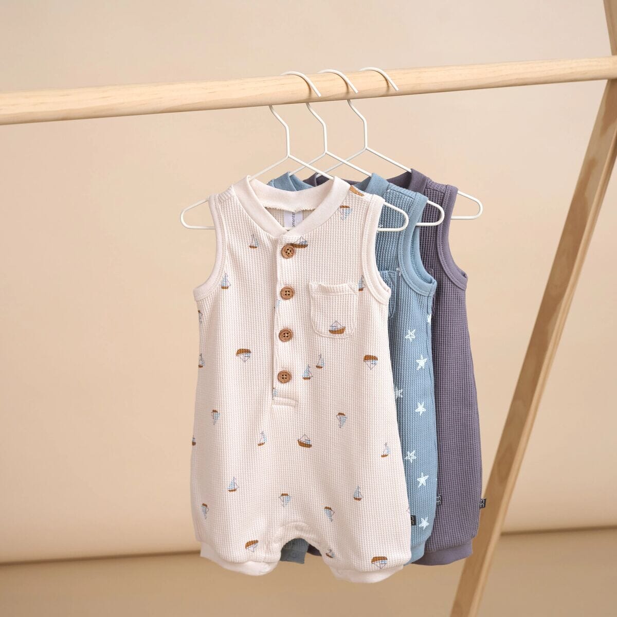 Baby Boys Beige Sailboat Sleeveless Romper