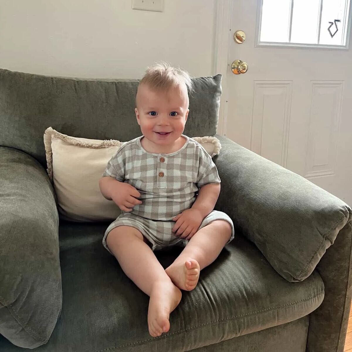 2-Piece Baby Boys Light Sky Gingham Henley Shirt and Shorts Set